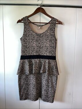 Beige and Black Leopard Print Peplum Mini Dress